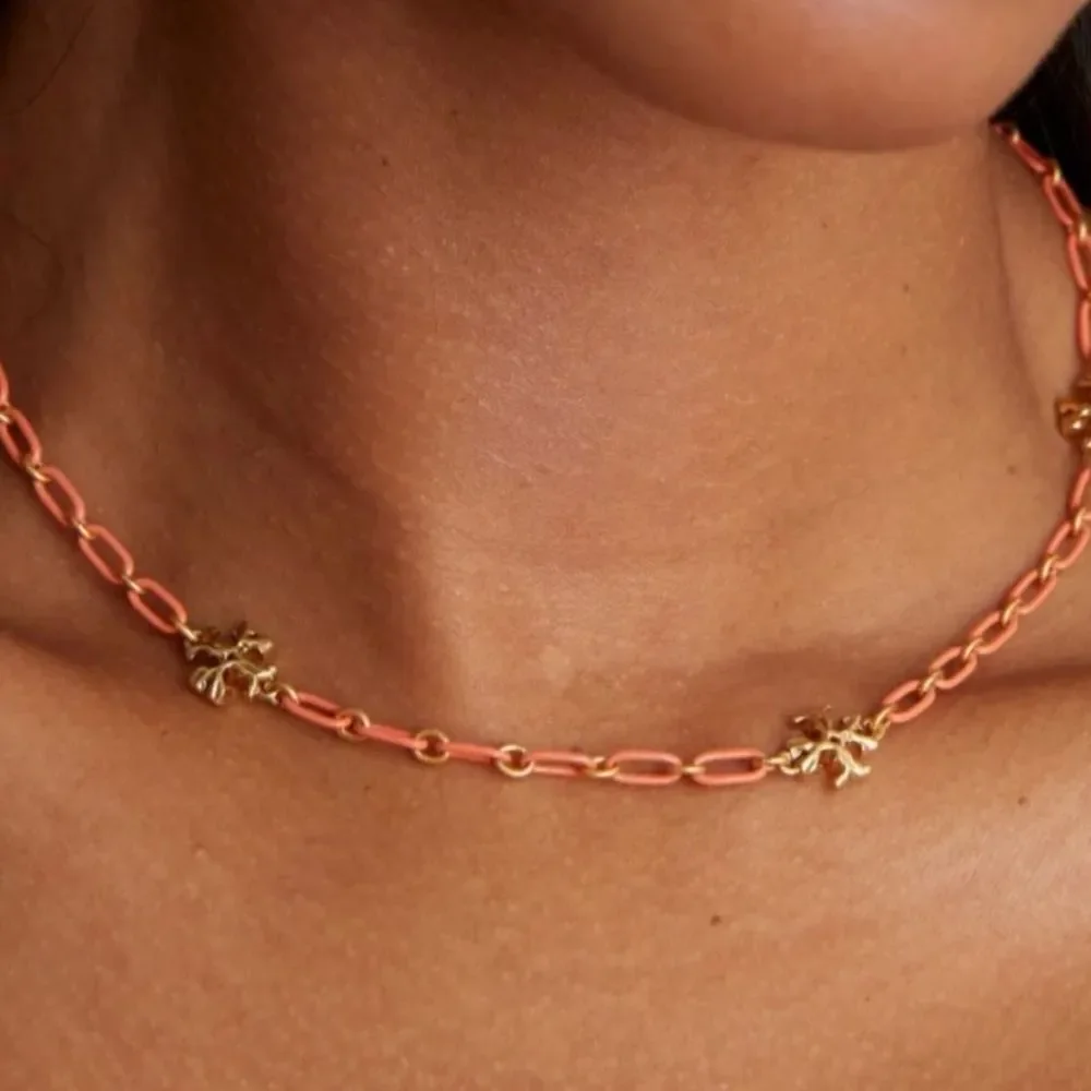 Tory Burch Rose Gold Chain Necklace with Gold Logo Accents